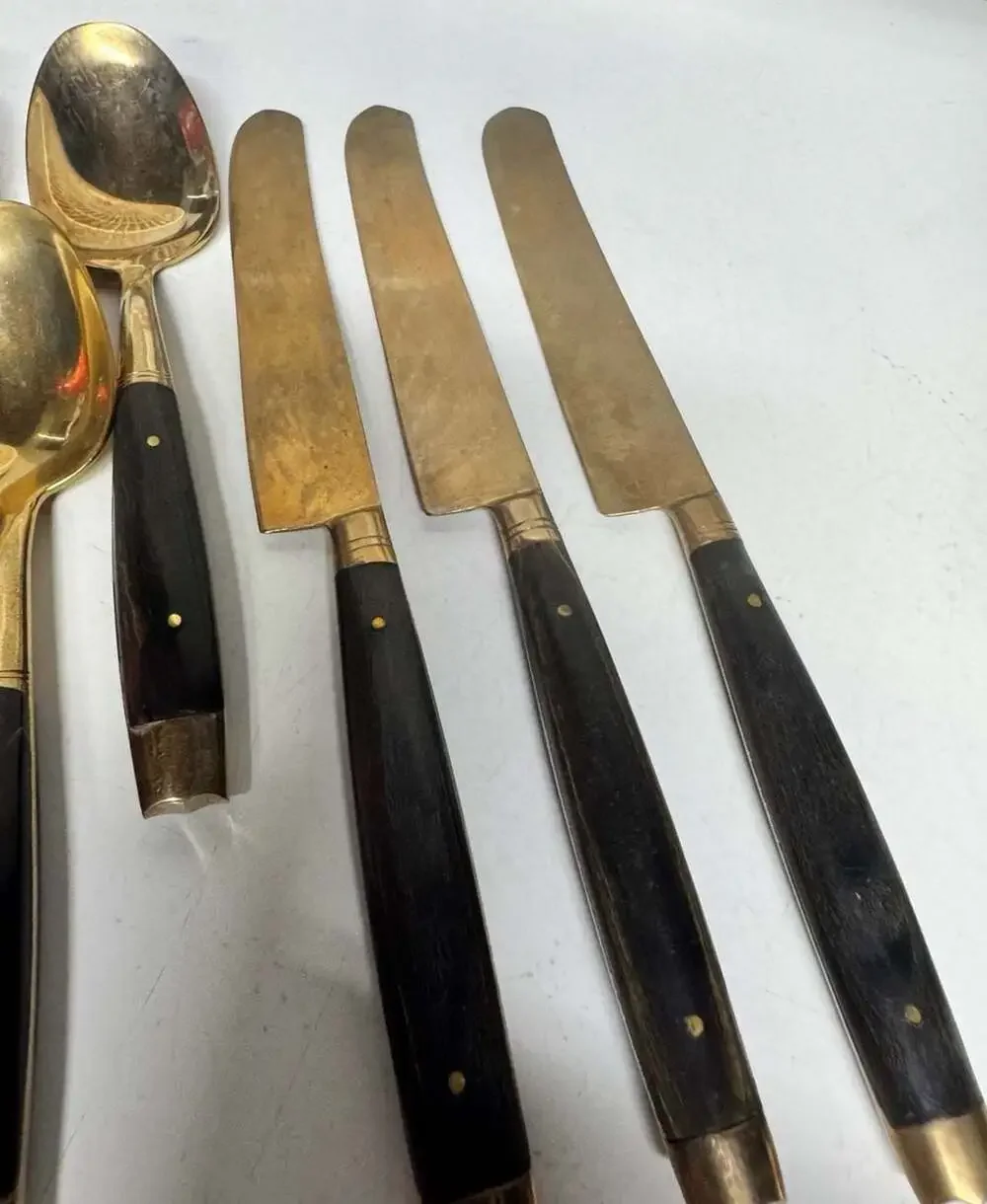 Vintage Mid-Century Brass and Black Buffalo Horn Handle Flatware Set